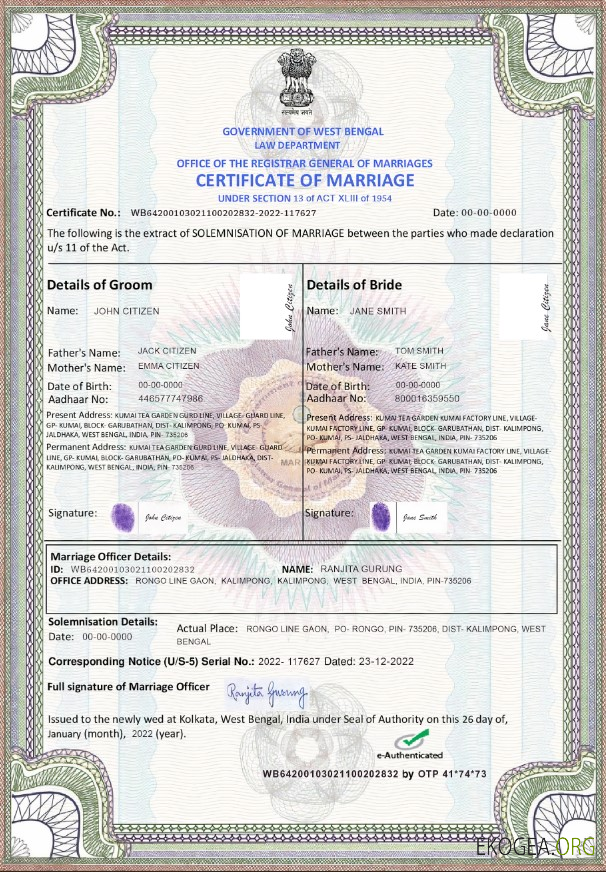 Modèle de certificat de mariage en Inde au format PSD, entièrement modifiable